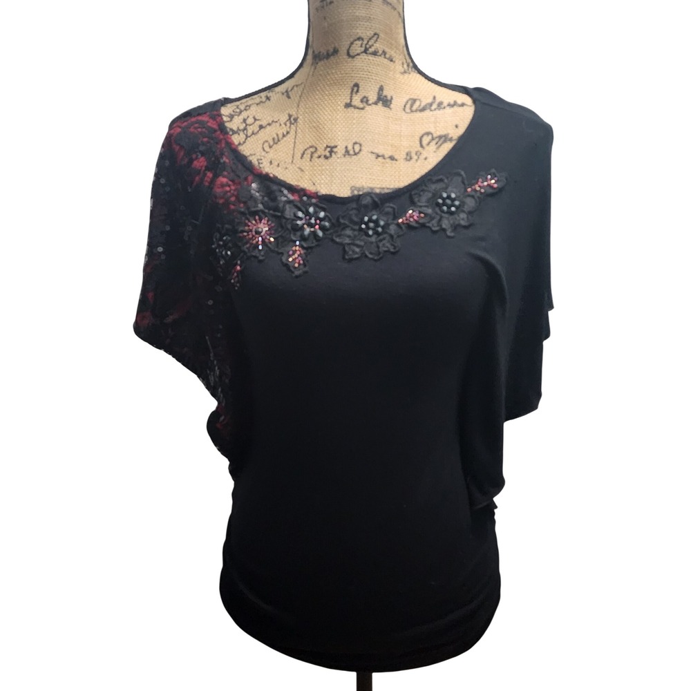 Studio Y Black Embellished Butterfly Sleeve Top Size S
